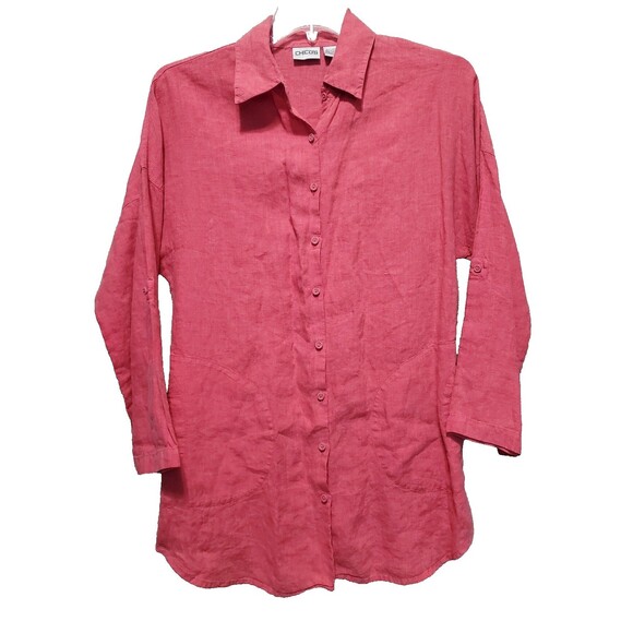 Chico's 100% Linen Red Roll-Tab Sleeve Button-Up Tunic with Pockets Size 1 MED - Picture 1 of 6